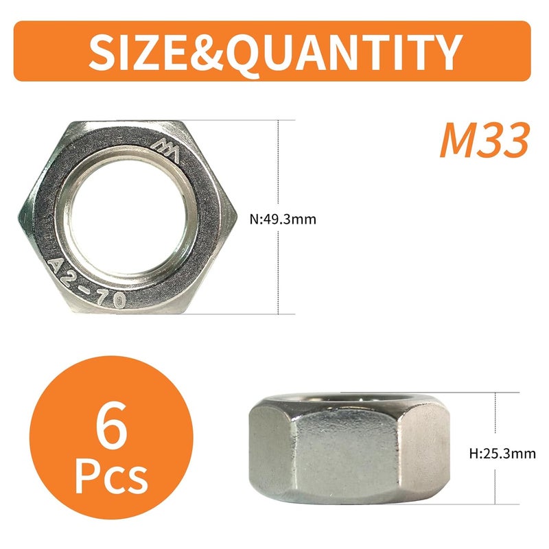 HXCOMET Store M33-3.5 Hex Nuts (6pcs), 304 Stainless Steel(18-8), Hardware, Metric, Coarse Thread, DIN 934 - Image 2